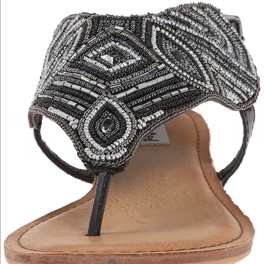Black Hand Beaded Boho Leather Thong Sandals - Picture 4 of 4